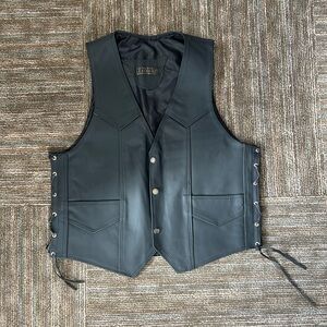 Vintage Y2K Genuine Leather Biker Vest Black Snap Motorcycle Big Tall - Size Med
